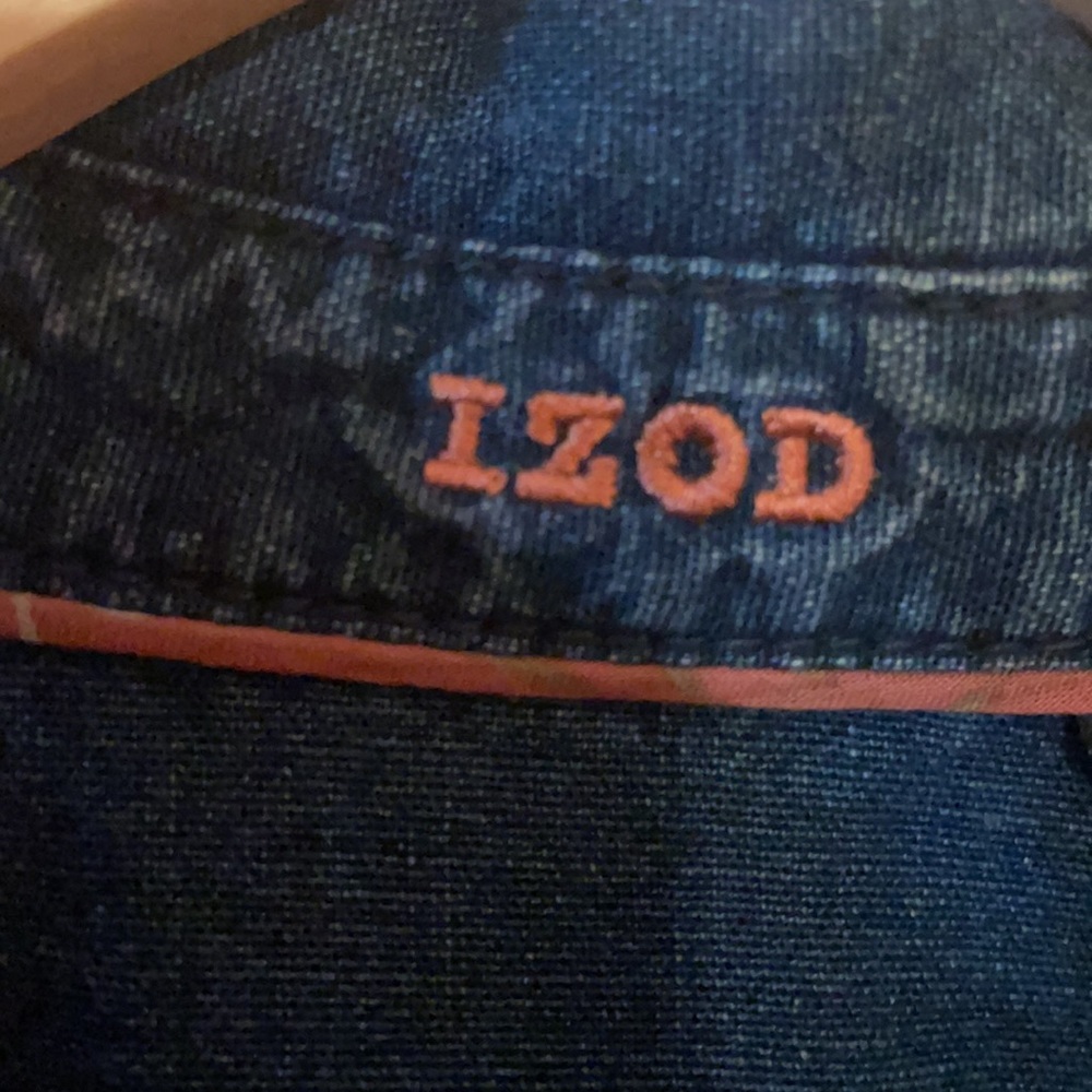 IZOD long sleeve, button down denim shirt.